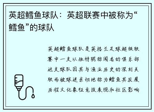英超鳕鱼球队：英超联赛中被称为“鳕鱼”的球队