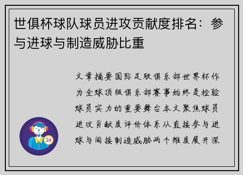 世俱杯球队球员进攻贡献度排名：参与进球与制造威胁比重