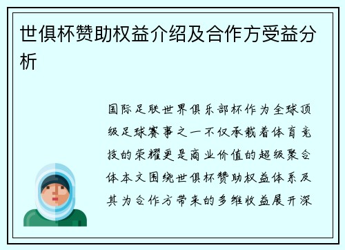 世俱杯赞助权益介绍及合作方受益分析